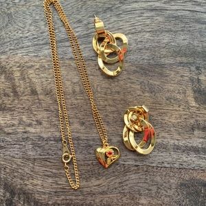Avon Heart necklace and chain link pierced earrings set red ruby garnet gem VTG